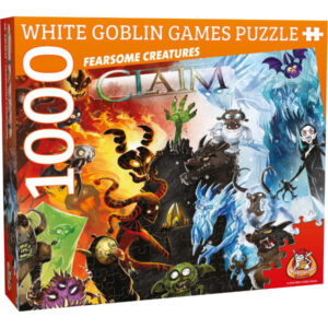 Claim Puzzel Fearsome Creatures van White Goblin Games met puzzelstukken en fantasiewezens op tafel