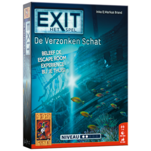 Doos van EXIT De Verzonken Schat kaartspel van 999 Games met onderwater- en piratenschat illustraties in een avontuurlijke stijl