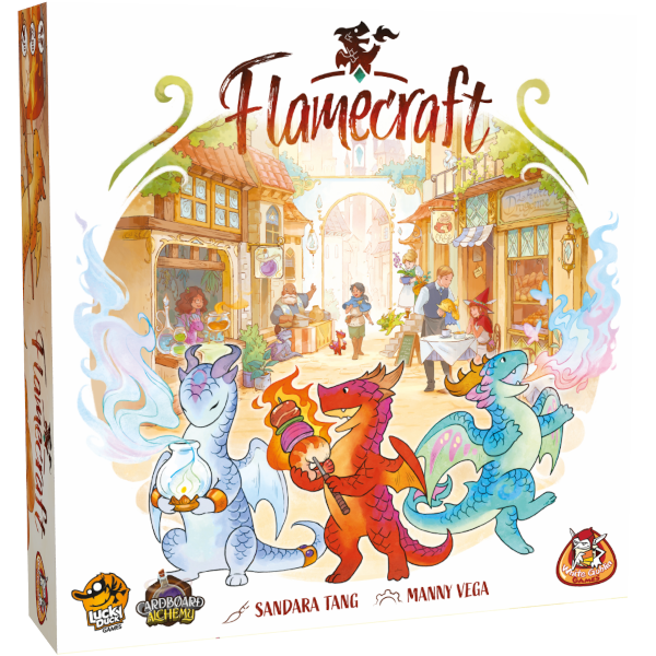 Doos van het bordspel Flamecraft van White Goblin Games met kleurrijke fantasy-dorpen en schattige draken op de cover