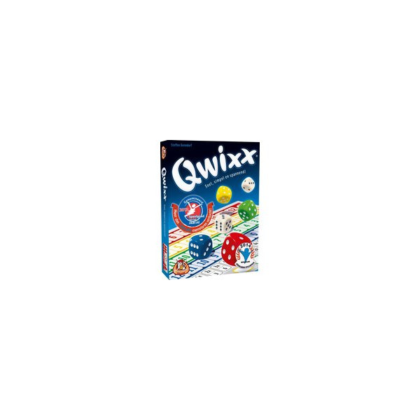 Doos van Qwixx dobbelspel van White Goblin Games met kleurrijke dobbelstenen en cijferreeksen op scorebladen op de cover