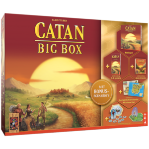 Catan Big Box van 999 Games met speelbord, kaarten en uitbreidingen op tafel