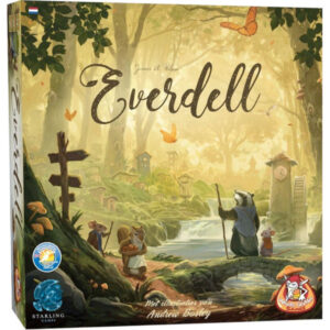 Doos van het bordspel Everdell van White Goblin Games met een kleurrijke fantasieboswereld en dierenpersonages op de cover