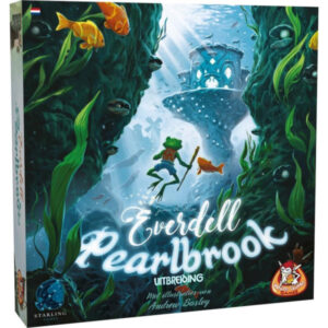 Doos van de uitbreiding Everdell Pearlbrook van White Goblin Games met onderwater- en rivierillustraties in een magische boswereld