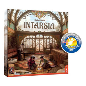 Doos van het Intarsia bordspel van 999 Games met houten inlegpatronen en elegante abstracte illustraties op de cover