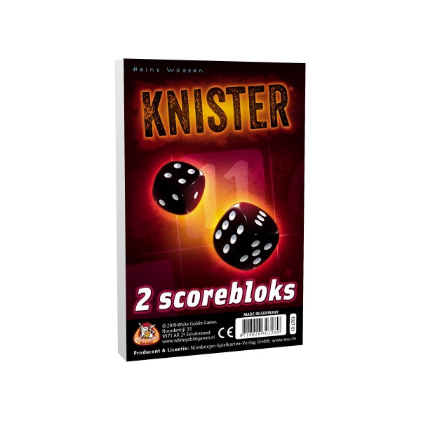 Knister scoreblokken van White Goblin Games met invulvellen, rasters en kleurrijke dobbelspel-indeling