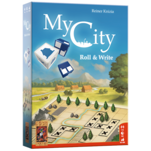 Doos van My City Roll & Write dobbelspel van 999 Games met stadsplanning, scorebladen en kleurrijke bouw-elementen op de cover