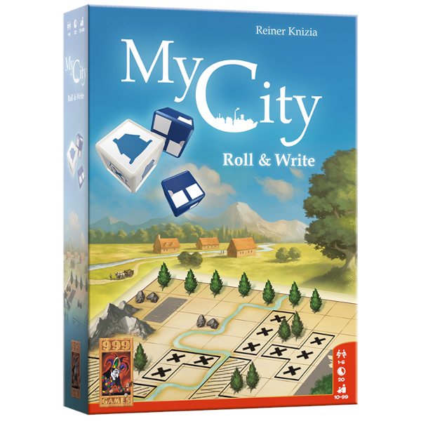 Doos van My City Roll & Write dobbelspel van 999 Games met stadsplanning, scorebladen en kleurrijke bouw-elementen op de cover