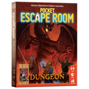 Doos van Pocket Escape Room Dungeon kaartspel van 999 Games met donkere kerker, fantasie-elementen en puzzelachtige illustraties op de cover