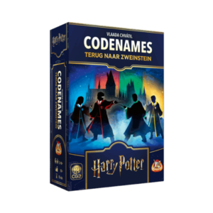 Doos van Codenames Terug naar Zweinstein Harry Potter editie van White Goblin Games met Hogwarts-thema en magische iconen op de cover