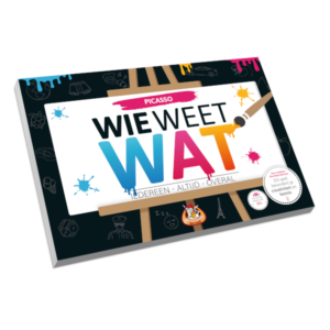 Doos van Wie Weet Wat Picasso kaartspel van White Goblin Games met kunstthema, verf en kleurrijke illustraties op de cover