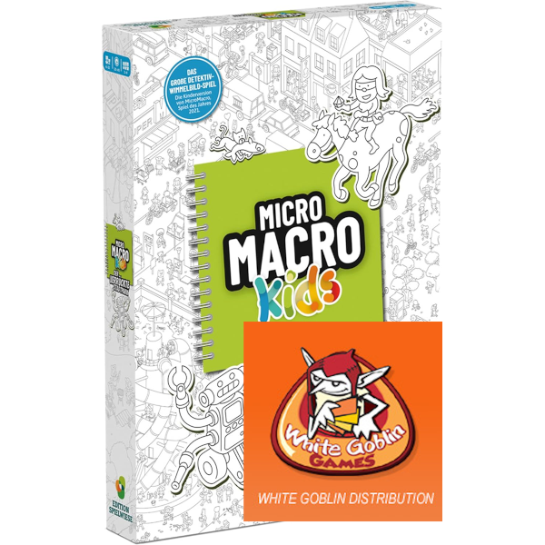 Doos van Micro Macro Kids bordspel van White Goblin Games met zwart-wit stadstekeningen en speelse detective-elementen op de cover