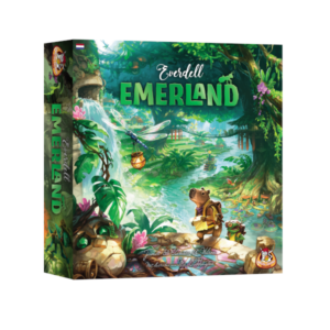 Doos van Emerland kaartspel van White Goblin Games met magische landschappen, fantasy-elementen en kleurrijke illustraties op de cover