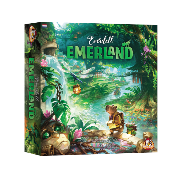 Doos van Emerland kaartspel van White Goblin Games met magische landschappen, fantasy-elementen en kleurrijke illustraties op de cover